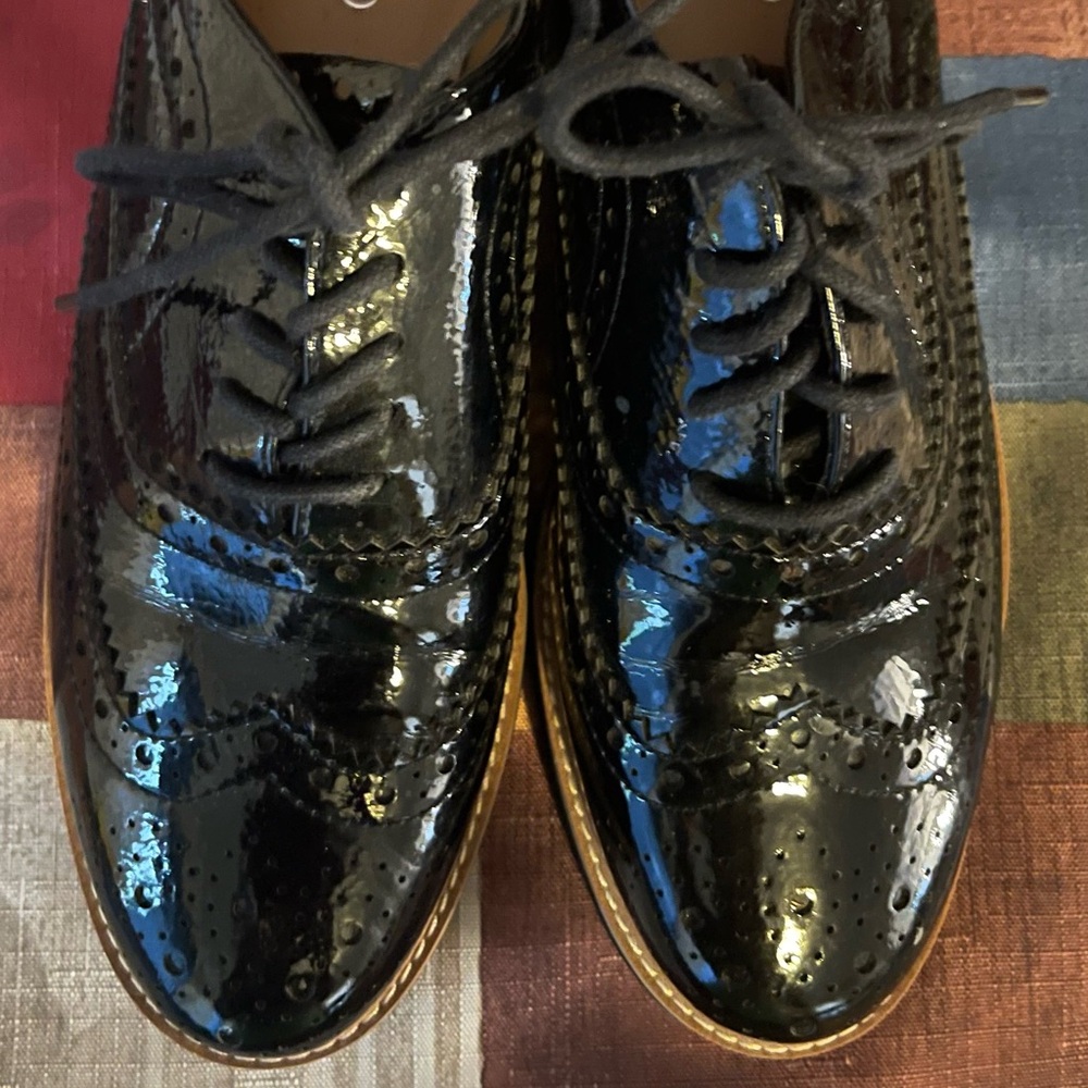 Franco Sarto  Unisex Oxford Patent Faux Leather Lace Up Oxfords Black Sz 6.5